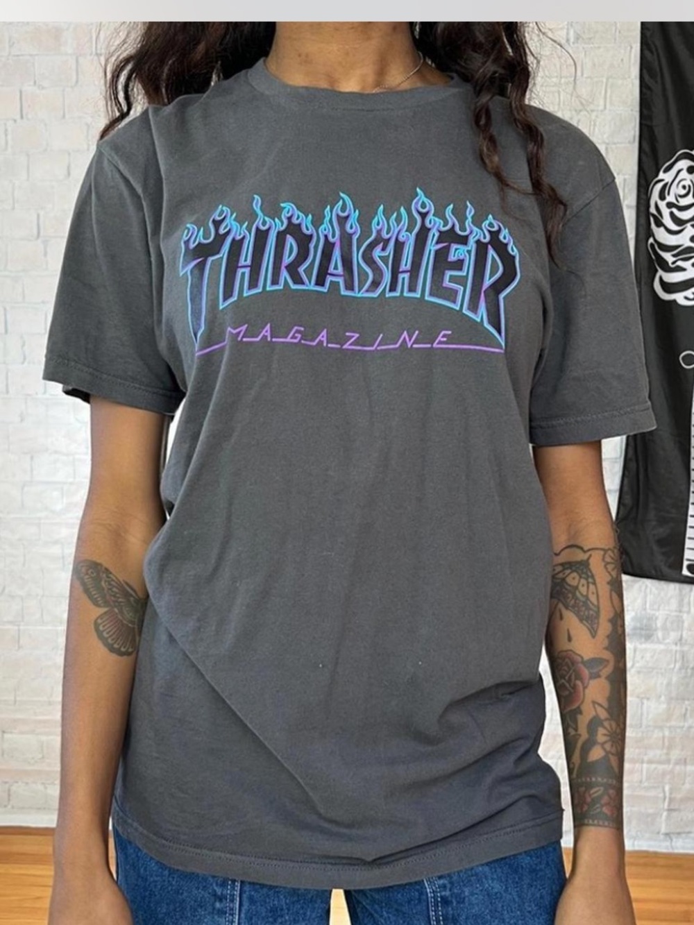 Thrasher Flame Logo T Shirt Womens Medium Dark Heather Charcoal Skate Streetwear